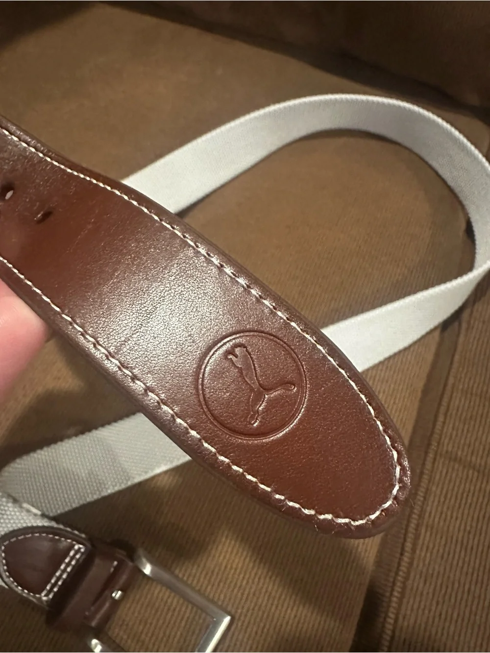Men's Puma Gray Canvas and Brown Leather Belt - NWOT - needlepoint L - 36-38
